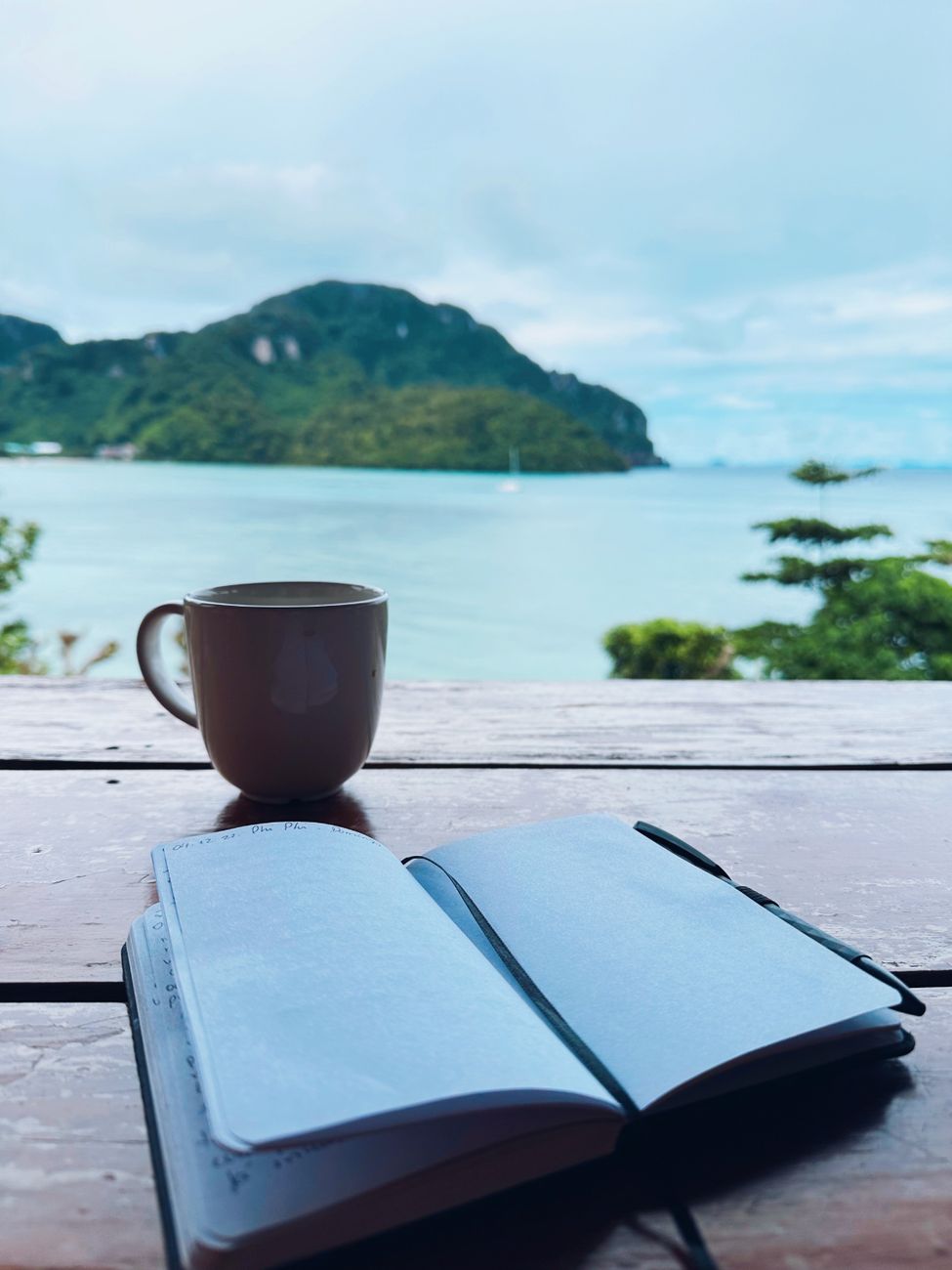Travel journal writing by ocean window